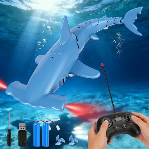 Cheffery Ferngesteuerter Hai mit Tauchfunktion, 2.4GHz RC Hai mit LED-Licht, Unterwasser-Hai Spielzeug für Pool & Badewanne, Geschenk für Kinder ab 6 Jahren Jungen & Mädchen (Blau)