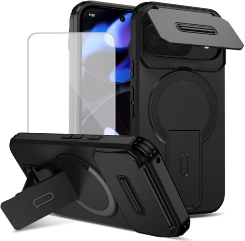 Tothedu Case for Pixel 9 Case/Pixel9 Pro/Pixel 10/Pixel10 Pro Cases with Tempered Glass Screen Protector, Compatible with MagSafe, Slide Camera Cover, Kickstand Phone Cover for Google Pixel 9 Black