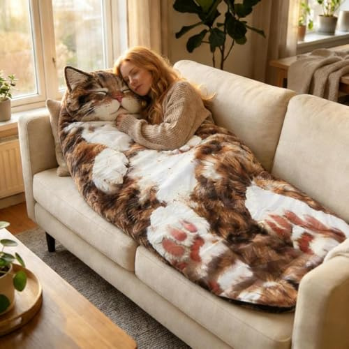 Cat Sleeping Bag for Adults, 68.89'' Washable Cozy Warm Cat Plush Sleeping Bag for Humans, Adorable Cats Envelopes Sleeping Bags Gifts for Womens, Camping and Home Lounging (B)