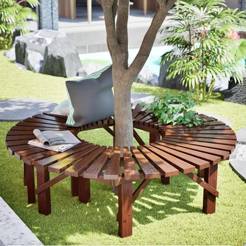 Gaommini Gartenbänke aus Holz, halbrunde runde Baumbank für den Außenbereich, umlaufende Parkbank für Hof, Terrasse, Deck, Rasen, brauner Lattenrost Pflanzenständer(Half Round)