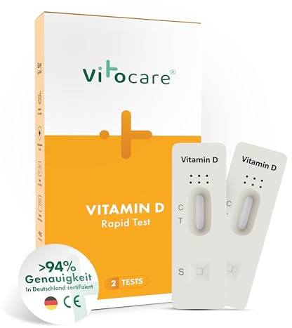 Vitamin D Test für Zuhause, 2 Selbsttests, Ergebnis in 10 Minuten, mit Farbkarte zur Einordnung des Vitamin-D-Spiegels, CE-gekennzeichnet - vitocare