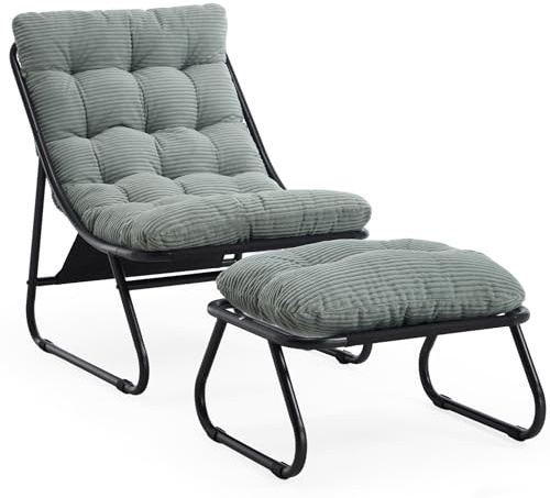 Loungesessel mit Ottoman, Liegestuhl & Relaxsessel aus Stahl, mit separatem Kissen und rutschfesten Fußpolstern – Outdoor Gartenstuhl für Entspannung im Freien, Garten & Balkon (Salbeigrün, Cord)