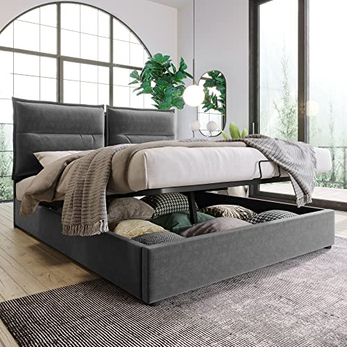 Hmluxury Hydraulisches Hochbett Mit Verstellbarem Kopfteil, Stauraum Und Metallrahmen, 140x200 cm, Grau, Ohne Matratze