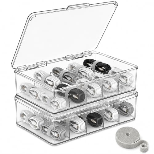 Raoletin 2 Pcs Cable Tidy Storage Box Large Cord Organiser Box, Clear Stackable Cable Organiser with Lid for Desk and Drawer, Wide Cable Management Box for Chargers, Cables and Accessories