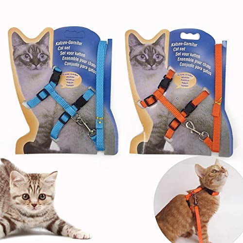 Gizhome Cat Harness and Leash, 2 Pack Adjustable Cat Lead Halter Harness Nylon Strap Belt Safety Rope Leads for Kitten, Orange & Light Blue