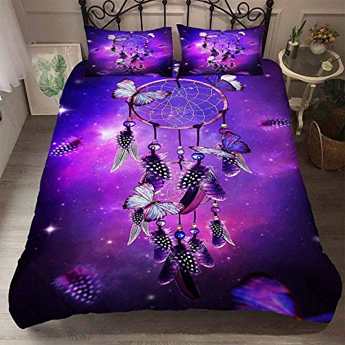 Bettwäsche set 3 Teilig (1 Bettbezug und 2 Kissenbezug) Traumfänger Tier Wolf Indien Böhmen Schmetterling Feder Phoenix Kuh Schädel Lila Brown Rot Blau Grün (Traumfänger 1, Einzelbett 135x200 cm)