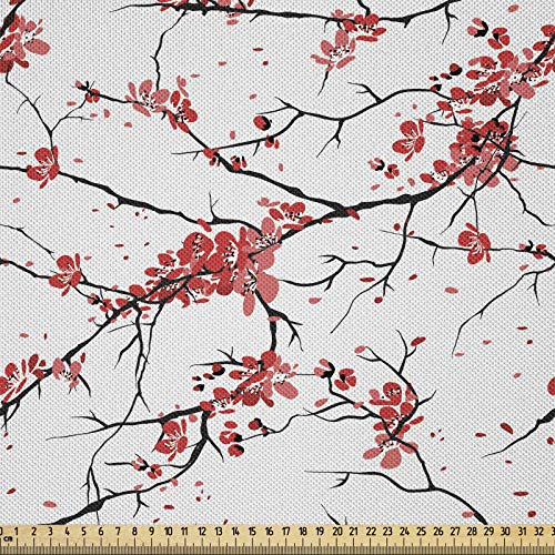 ABAKUHAUS Blume Stoff als Meterware, Japanische Kirschblüten, Seidiger Satin Stoff für Polster Heimtextilien, 1M (148x100cm), Korallen Schwarz