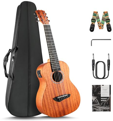 Caramel 30 inch All Solid Mahogany 6 String Ukulele Guitalele Wooden LCD color display Electric Guitalele Kit Small Hawaiian Beginner Guitar Starter Pack Bundle Gig bag, Strap,Strings Set