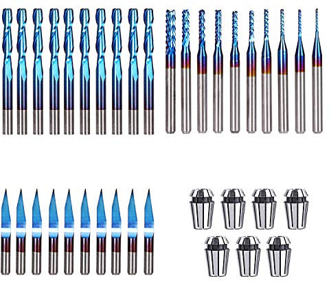 SainSmart Genmitsu Nano Blue Coat Fresa de extremo CNC Router Bits Essential Kit, 3 cajas de brocas (30 bits) y 1 caja ER11 juego de pinzas de resorte