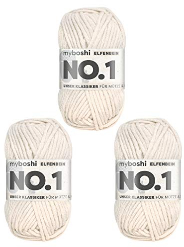 myboshi No.1 Wolle zum Häkeln und Stricken, Schnellstrickgarn, langlebige Mützenwolle, Strickwolle, Häkelwolle, mulesing-frei, 50g, Ll 55m Beige (Elfenbein) 3 Knäuel