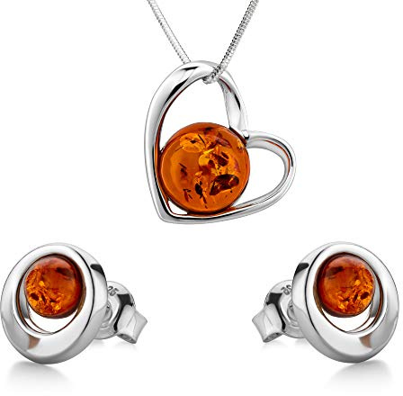Copal Elegantes Schmuckset Mit Bernstein-Herzanhänger Und Ohrschmuck Aus 925er Sterlingsilber