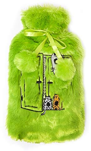 Biggdesign Wärmflasche mit waschbarem und weichem Plüschbezug, Bettflasche für Kinder und Erwachsene, 2L Wärmflasche für Rücken- und Bauchschmerzen, Hot Water Bottle (Grün Katzen)