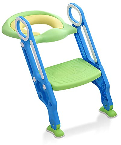 Froadp Riduttore WC con Scaletta, Dispositivo per L'addestramento Alla Toilette Regolabile in Altezza, Pieghevole Riduttore WC Kit Pieghevole per Bambini da 1 a 7 Anni (Blu+Verde)