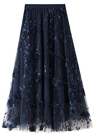 YILEEGOO Women's Tulle Skirt High Waist Tiered Layered Mesh Ballet Prom Party Tulle Tutu A-line Midi Skirt (Navy Blue Embroidery Floral, One Size)