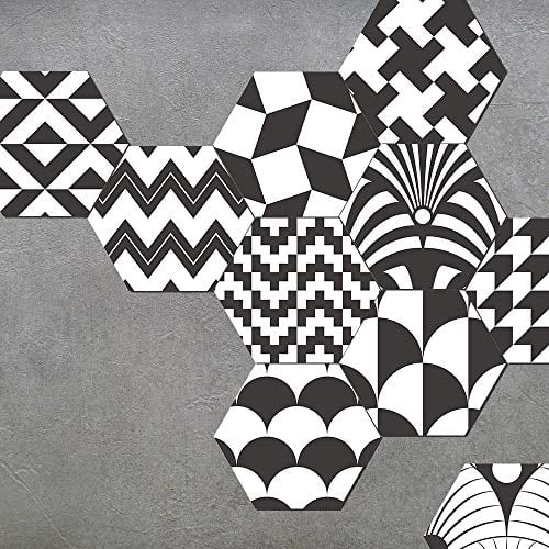 Alwayspon Piastrelle adesive in vinile per pavimenti, antiscivolo, impermeabili, esagonali, per cucina, bagno, balcone, pavimenti, autoadesive, 20 x 23 cm, set da 10 pezzi, nero e bianco