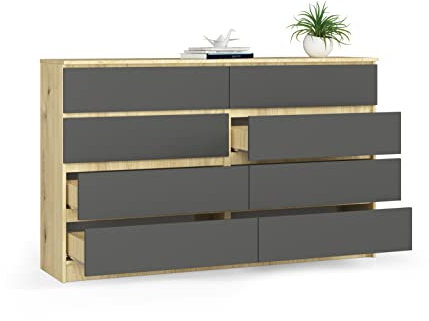 BDW Kommode, 8 Schubladen, viel Stauraum, Kleiderschrank, Flur, Badezimmerschrank, Kommode, Multifunktionsschrank. Abmessungen: 160 x 99 x 40 (Eiche Aristan - Grau)