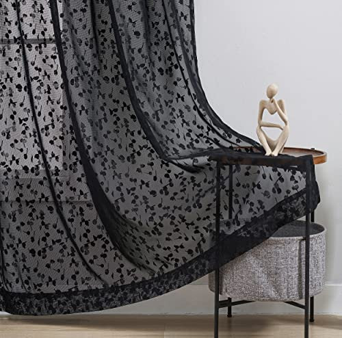Treatmentex Lace Sheer Curtains for Living Room Bedroom Leaf Buds Patterned Window Curtain Panels Filtering Privacy Protection Sheer Window Drapes for Garden Yard Rod Pocket, 52 W x 72 L x 2, Black