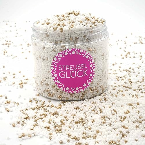 Streusel Glück Streusel Just Pure weiss-gold 180g Nonpareilles Zuckerperlen Zuckestreusel Kindergeburtstag Weihnachten Tortendeko Cupcakes Muffins Christmas Kuchenstreusel Plätzchen Torte