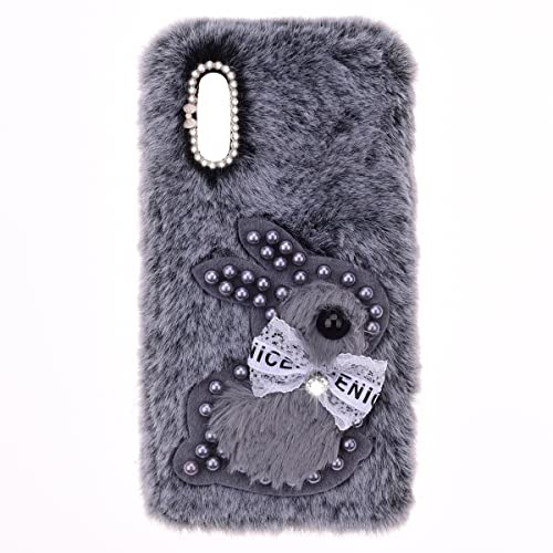 YKTO Flauschige Kaninchen Handyhülle für Wiko Jerry 4,süße Glitzer Diamant Mädchen,weiche und Bequeme Kunstplüsch Telefonhülle Plüsch Kaninchen Schutzhülle Wiko Jerry 4,Graues Perlen Kaninchen