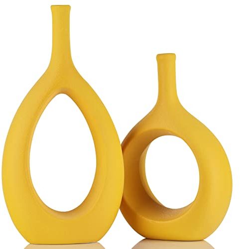 Keramik Vase Gelb,Boho Deko Wohnzimmer,Zitronen Vase,Zitronenvase,Vasen Tischdeko Boho Gelb,Deko Aesthetic,Deko Vasen Set,Vase Zitrone,Deko Gelb,Donut Vase für Pampasgras,Deko Senfgelb,Vase Senfgelb