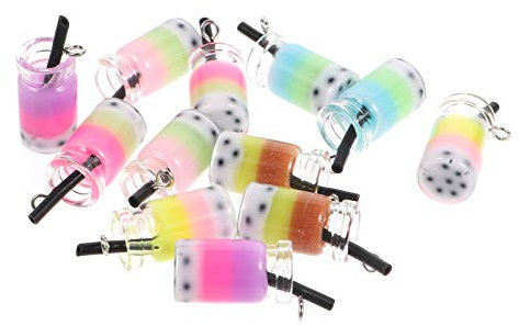 VICASKY 12pcs Resin Milk Tea Charms Pendants Diy Craft Accessories Colorful Bubble Tea Keychain Decorations for Women Girls Crafting Random Color