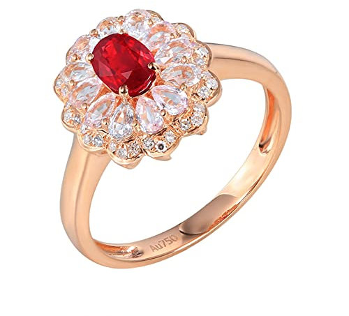 Bishilin Ringe für Damen Diamant Bicolor 750, Eheringe Blume mit 0.63ct Rubin und 0.9ct Weißer Saphir Trauringe Nickelfrei Hochzeit Ring Frauen Gr.62 (19.7)