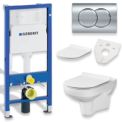 BADLAND WC Set: Geberit Duofix Basic UP 100 Vorwandelement + Wand-WC Weiß + Betätigungsplatte Delta01 Chrom + Slim WC-Sitz Soft-close + Schallschutzmatte