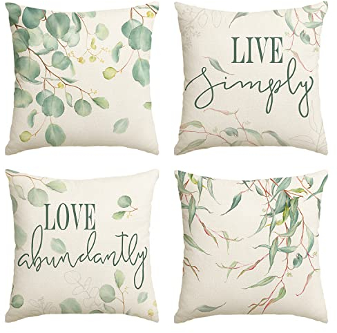 Artoid Mode Eukalyptus Live Simply Love Abundantly Frühling Kissenbezüge 4er Set, 45x45 cm Sommer Zierkissenbezug Couch Wohnzimmer Deko