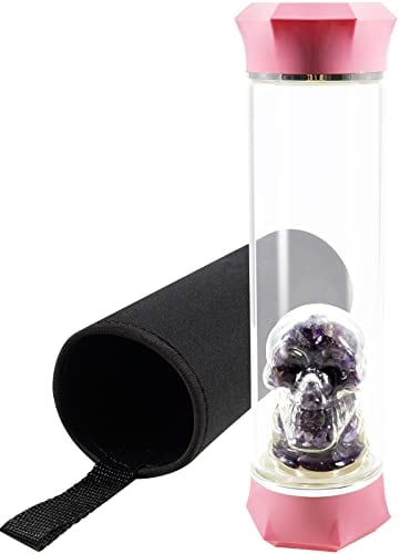 soulnioi Healing Crystal Glass Water Bottle Stainless Steel Water Bottle(500ML) with Natural Crushed Crystal Stones Skull Shaped, Black Protective Cup Cover, Energy Cup Gifts for Friends (Amethyst)