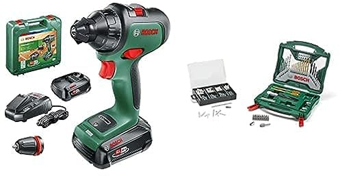 Bosch Akku-Bohrmaschine AdvancedDrill 18 (2 Akkus, 18 Volt System, im Handwerkerkoffer) + Zubehörset X-Line 50Ti plus 173-teiliges Fixier-Set (für Metall, Stein, Holz, Zubehör Bohrmaschine)