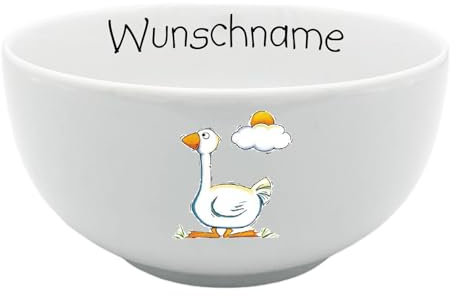 Doriantrade Müslischale Kinder Porridge Schale Porzellan personalisierbar mit Wunschname Name Kindergeschirr mit Namen personalisiert (Gans)