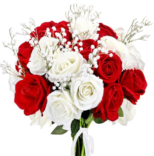 Hotop Künstliche Seidenblumen, realistische Rosen mit langen Stielen, Babyatem, künstliche Schleierkraut, für Hochzeitssträuße, Tischblumenarrangement, Party-Dekoration, Weiß, Rot, 28 Stück