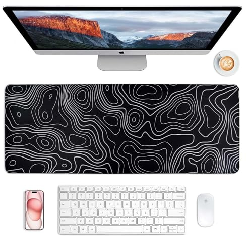 Großes Gaming Mauspad 800x300x3mm Übergröße Mauspad Gaming Minimalistische Topografische Schreibtischmatte Linie Vernähte Kanten Mauspad Rutschfeste Tischunterlage für PC, MacBook, Laptop (Schwarz)