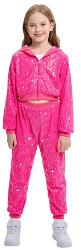 LOLANTA Kinder Pailletten Hip Hop Tanzkostüm Street Dancewear Jacke Hose Set, Rosenrot, 6-7 Jahre, 130