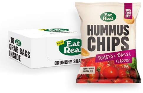 Eat Real, Hummus Chips, Tomato and Basil, 18 X 45g, Gluten-Free Crisps Multipack, Vegan-Friendly, Healthy Snacks, Plant-Based