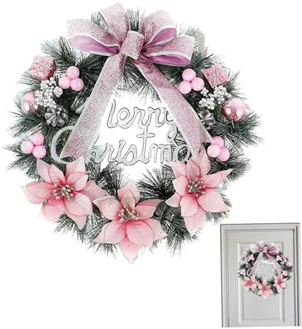 SunaOmni Weihnachtskränze, 30 cm, Türkranz-Dekoration mit Schleife, Blumen und Kugeln für drinnen und draußen, Rosa
