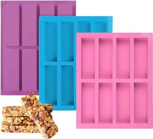 3 Stück Rechteckige Silikonform, 8 Mulden Müsliriegel Backform Riegel Silikon BPA Frei Silikonform Rechteckig Antihaft Energieriegel Form für Muffins Kuchen Seifen (3 Farbe)