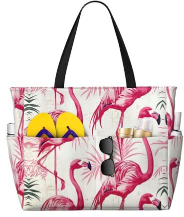 SSIMOO Sac de plage spacieux avec imprimé flamants roses sur fond blanc, polyvalent anti-sable, pour tous vos besoins, noir, Taille unique