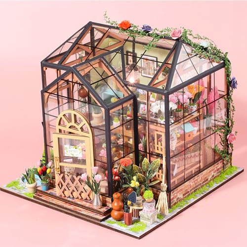 WYFCR Casa ,de Muñecas en Miniatura Invernadero con Luz DIY Miniature House Maquetas para Montar, Manualidades de Madera Regalos de para Adultos, Mujeres, Niñas
