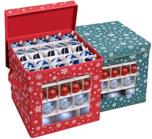Storage Boxes for Christmas Baubles with Lids, Anstore 2 Pieces Christmas Decoration Storage Box with Adjustable Dividers, Red&Green Collapsible Fabric Storage Cubes for Christmas Decorations Baubles