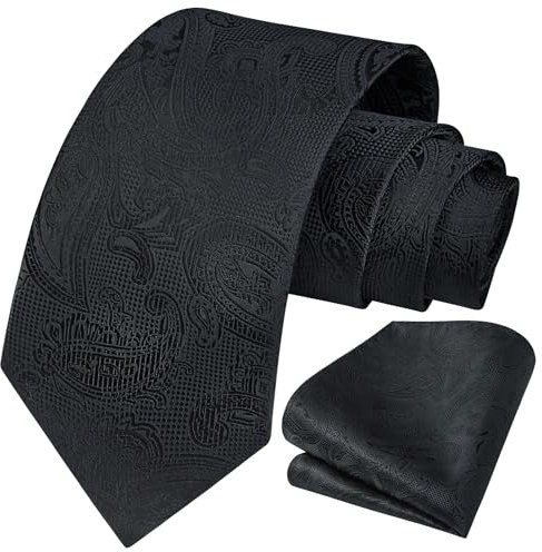 HISDERN Krawatte Herren Schwarz Paisley Krawatten für Männer Krawatte und Einstecktuch Set Krawatten