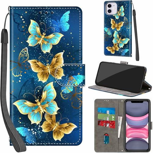 Haninsuze for iPhone 11 6.1-Inch Case PU Leather Wallet Book Flip Folio Stand View Magnetic Multi-Pattern Cover compatible with iPhone 11 Phone Case (Four Butterfly)