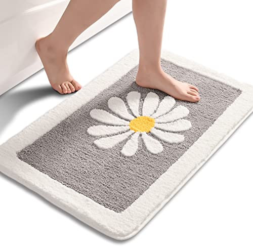 Tapis de Salle de Bain Tapis de Salle de Bain Gris Marguerite décor de Fleurs Blanches Tapis de Bain Absorbant Lavable Floral Tapis de Baignoire pour entrée de Baignoire-Douche 20