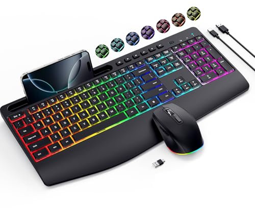 Tastiera e mouse wireless, retroilluminazione RGB, tastiera ricaricabile 2.4G full-size con supporto per telefono/tablet