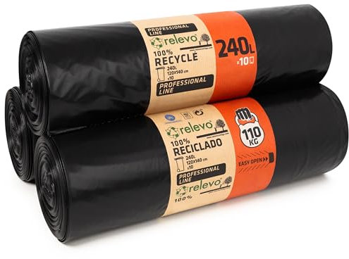 Bolsas Basura Relevo, Resistentes, resisten hasta 110 kg, 100% Recicladas, Ecológicas y Antigoteo, 240 L de Capacidad