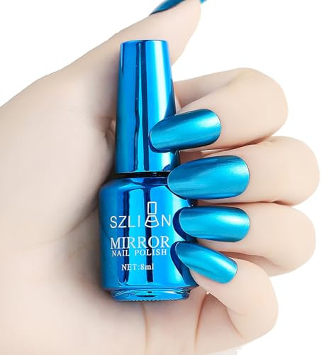 Blue Nail Polish - Chrome Nail Polish - Metallic Quick Dry Mirror Nail Varnish, Metal Effect Breathable Long Lasting No UV Needed Glitter Nail Art Polish Manicure for Women (8ml)