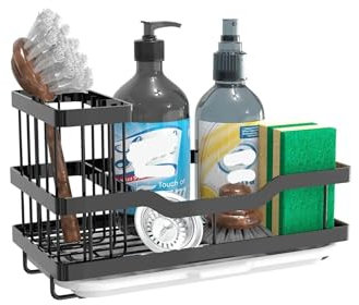 Mensola per lavello in acciaio inox, autodrenante, organizer per lavello da cucina, con supporto per spugna di sapone (nero)