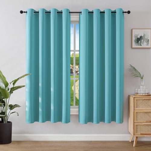 Joydeco Verdunkelungsvorhänge Cyanblau mit Ösen 2er Set H 158 x B 106 cm, Kurze Vorhänge Blickdichte 158 cm Lang für Küche Schlafzimmer