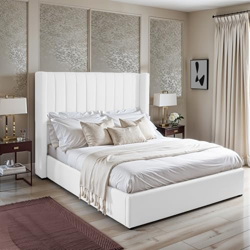 Living Comfort Bedz – Victoria Lined Panel Wingback Bed - Plush Velvet Headboard & Footboard - Gas Lift & Slats Base (White, Double - No Storage With Slats Base)