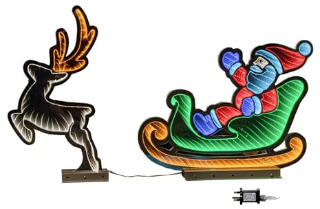 Samuel ALEXANDER 75cm Infinity Santa in Sleigh with Reindeer on Metal Base and Multi-Coloured LEDs